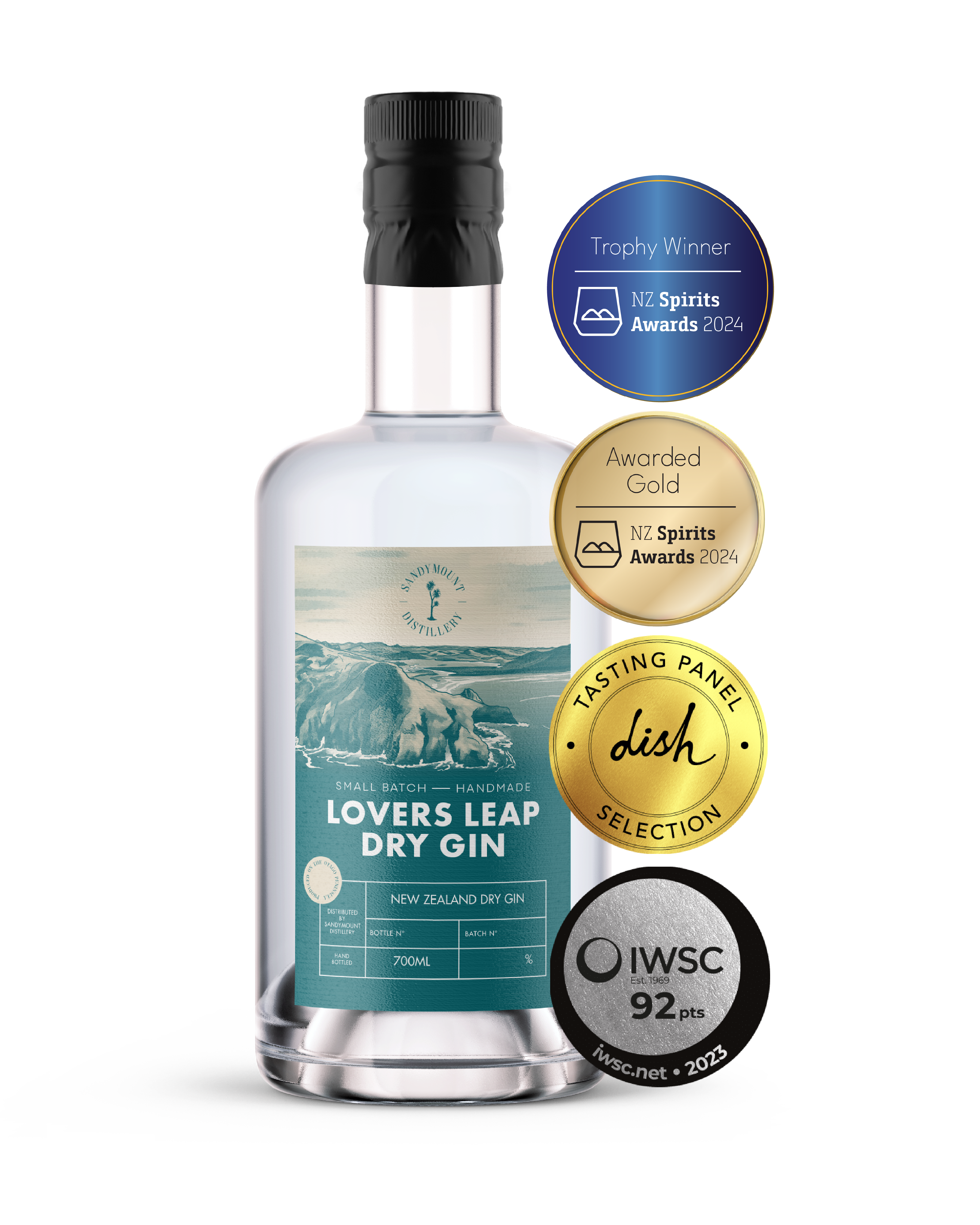 A clear glass bottle with clear liquid and a teal blue label titled "Lovers Leap Dry Gin". On the side are four medals of this gins achievements.
