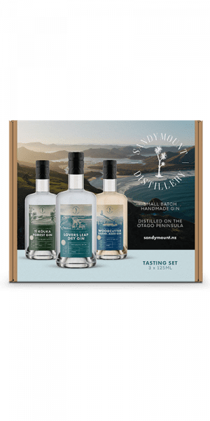 A brown box with a labelled sleeve wrapped around it vertically. The label has three Sandymount product bottles and a scenic photo of Lover's Leap behind them.