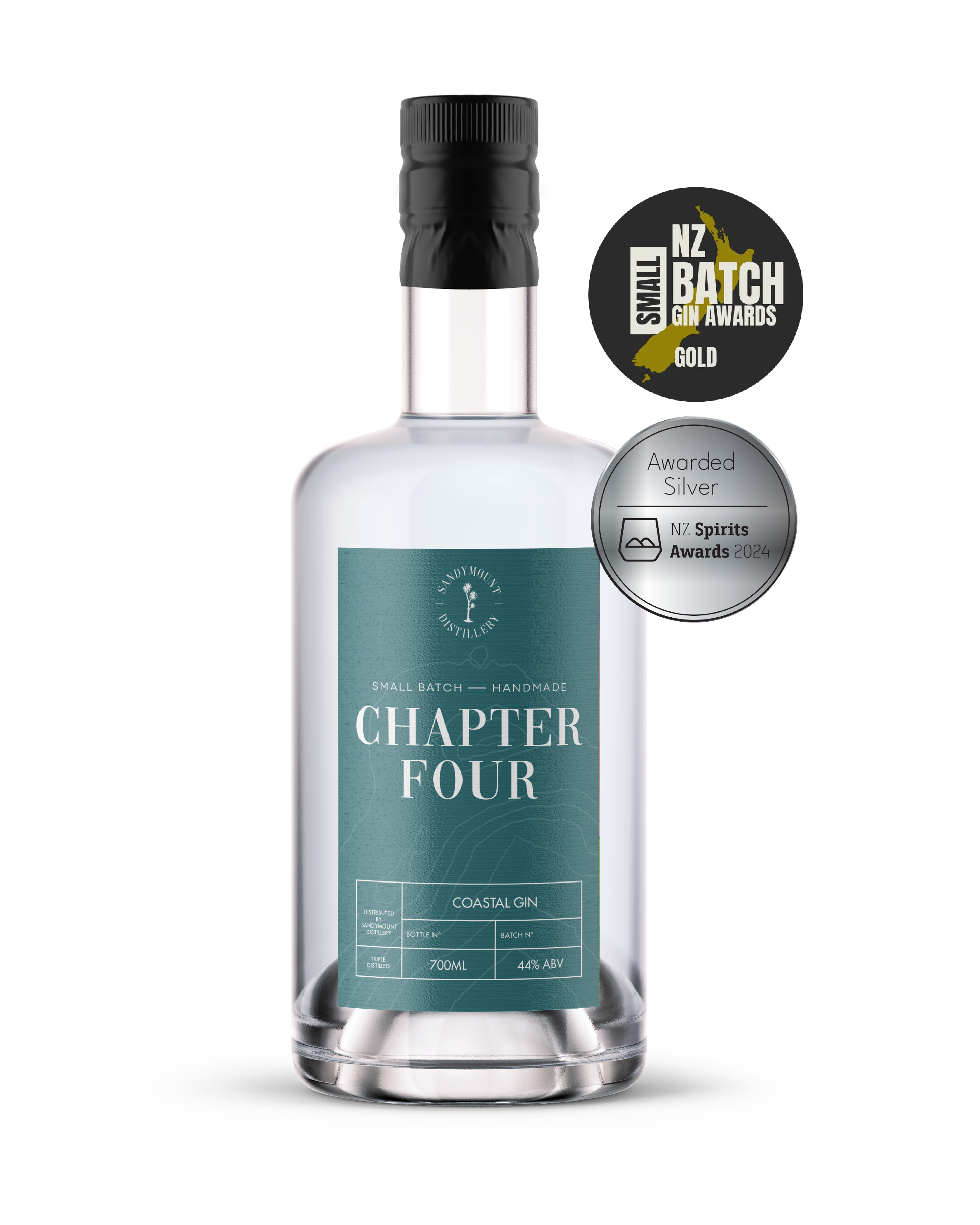 A clear glass bottle with a murky blue label on it that says Chapter Four gin
